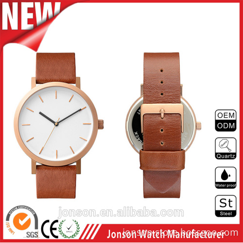 China suppliers fashion 18k gold plated water resistant wrist watch with tan genuine leather bands